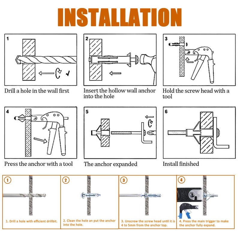 ISPINNER 20pcs M4x32mm Zinc Plated Steel Molly Bolt Hollow Drive Wall Anchor Screws for Drywall, Plaster and Tile - Image 4